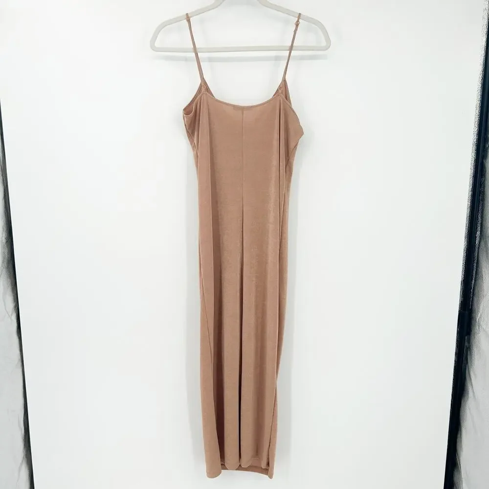Zara Womens Cocktail Party Coquette V-Neck Slinky Metallic Slip Dress Size M Tan